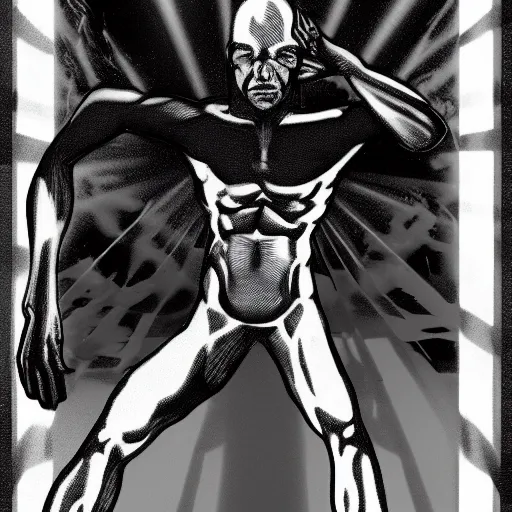 Prompt: dreams of silver surfer, in style of robert mapplethorpe