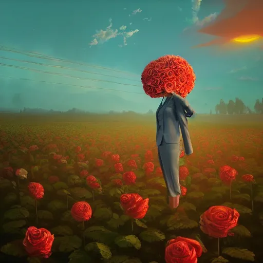 Prompt: giant rose flower head, frontal, girl in a suit, surreal photography, sunrise, dramatic light, impressionist painting, digital painting, artstation, simon stalenhag