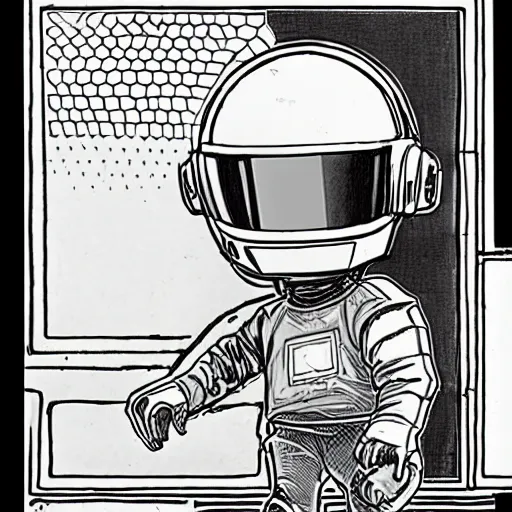 Image similar to sketch of a cute chibi dnd daft punk gnome inventor tinkerer wearing a helmet, walking cautiously, etching by louis le breton, moebius 1 8 6 9, 1 2 0 0 dpi scan