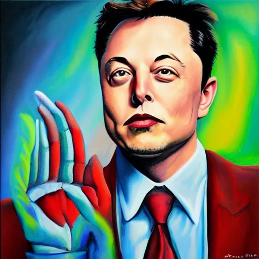 Image similar to Surrealist Portrait painting of Elon Musk, album cover