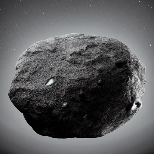 Image similar to a large boulder rock with a metallic finish is embedded in a circular matte black industsrial stage in the center of a dark space, a ring of overhead lights cast onto the rock and it throws caustic reflections into space, low misty atmosphere, hyper realistic image in the style of jeremy geddes but photo real, dark black space, 8k octane render