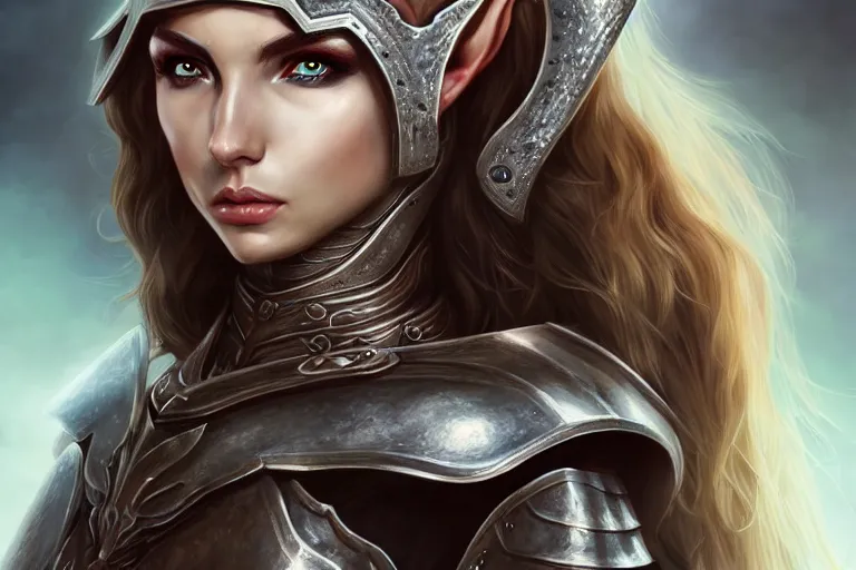 Image similar to head and shoulders portrait of an eldritch knight, elf, beautiful, female, breastplate, magical, high fantasy, d & d, by artgerm, face details, extremely detailed, digital illustration