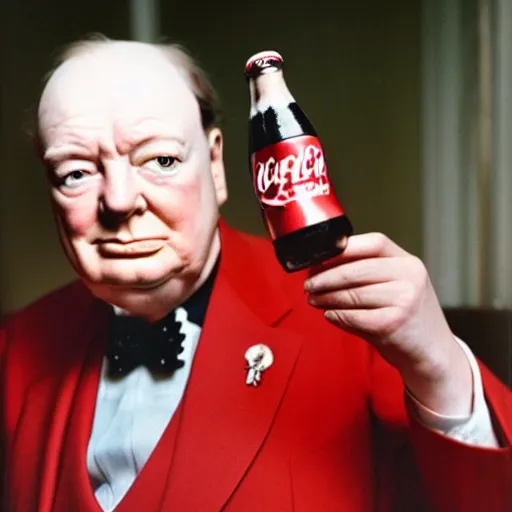 Image similar to Winston Churchill drinking a can of coca cola, profile photograph