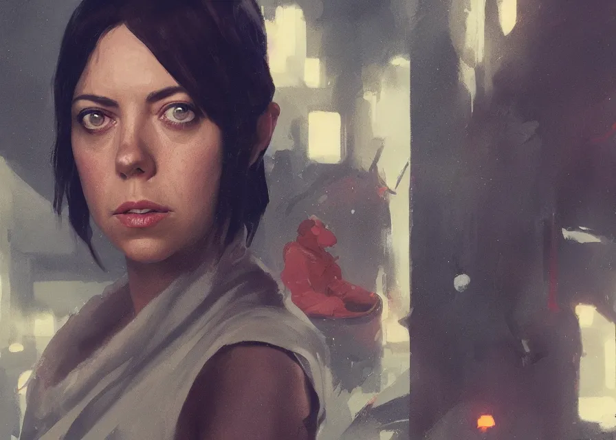 Prompt: painting portrait of Aubrey Plaza dressed as in Star Wars, sharp focus, waist up, trending on ArtStation, masterpiece, by Greg Rutkowski, by Ross Tran, by Fenghua Zhong, octane, clear eyes, soft render, clear facial features, oil on canvas, moody lighting, cinematic, professional environment concept art