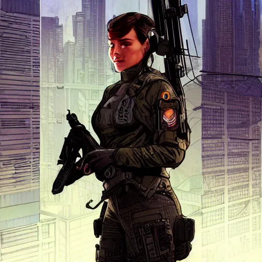 Image similar to Selina. USN special forces futuristic recon operator, cyberpunk headset, on patrol in the Australian autonomous zone, deserted city skyline. 2087. Concept art by James Gurney and Alphonso Mucha