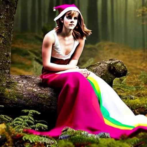 Prompt: emma watson as an elf wearing a long rainbow wedding gown sitting in a colorful forest