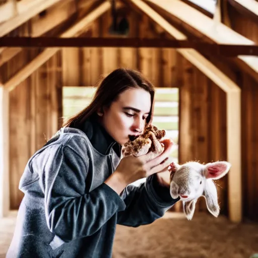 Prompt: a young woman filming a tiktok of herself feeding a baby lamb inside a barn, dressed like a farmer, uhd, 8k,