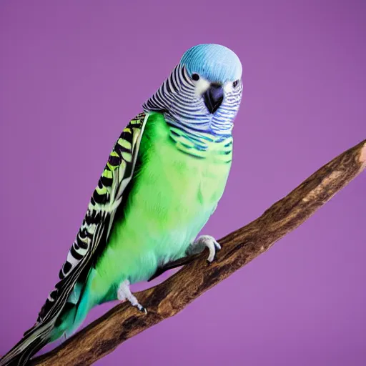 Image similar to budgie studio portrait, 5 0 mm prime lens, 1 0 0 iso, purple background