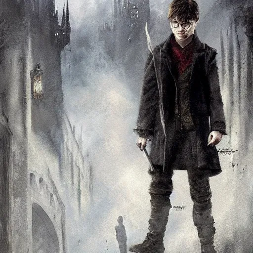 Prompt: daniel radcliffe as harry potter walking, craig mullins epic oil on canvas painting of a lord of the rings atmospheric landscape, mordor, line art!!, ink, art concept for a book cover!!, harmonic colours, thik brushstrokes, movie still, game of thrones concept art, highly detailed, centered, hyperrealism