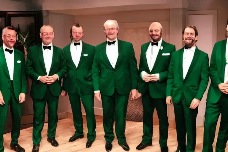 Prompt: 5 handsome middle-aged men dressed in tuxedos standing in a green room