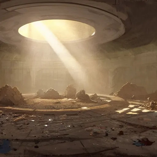 Image similar to a concept art of a round room with super high ceiling. a round hole in the middle of the ceiling that lets the sunrays go through. a pile of dirt, garbage and shit in the bottom. volumetric lighting. rutowsky, craig mullins.