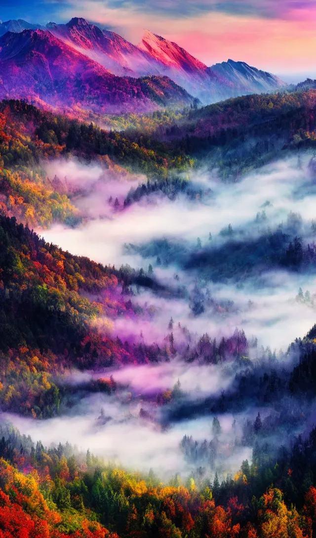 Prompt: magical landscape, photograph, colorful, mountains, misty, high detail