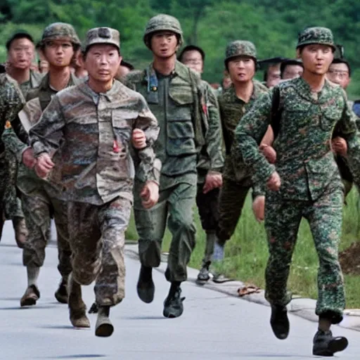 Prompt: forrest gump running through korean demilitarised zone