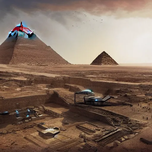 Image similar to archeological dig reveals wrecked alien spacecraft in egypt, pyramids in background, artstation