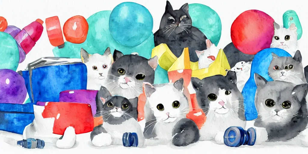 Image similar to watercolor illustration style, cute! cats!! training in the fitness studio, sports equipment laying around!