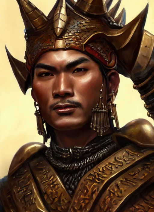 Image similar to smart tai warlord, closeup portrait, historical, ethnic group, sukhothai costume, bronze headset, fantasy, intricate, with leather armor cross on bare chest, tai body tattoo, elegant, loin cloth, highly detailed, oil painting, artstation, concept art, matte, sharp focus, illustration, hearthstone, art by earl norem