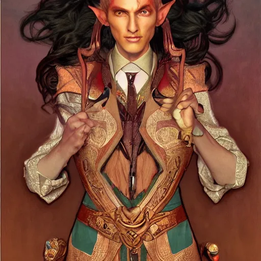 Prompt: a beautiful and androgynous half - elf with medium dark skin tone and messy short red hair and copper eyes with slit pupils, dressed in a colorful jodhpuri suit, dnd character, golden aura, realistic portrait by ross tran and gerald brom and kehinde wiley and fernando amorsolo and alphonse mucha, trending on artstation