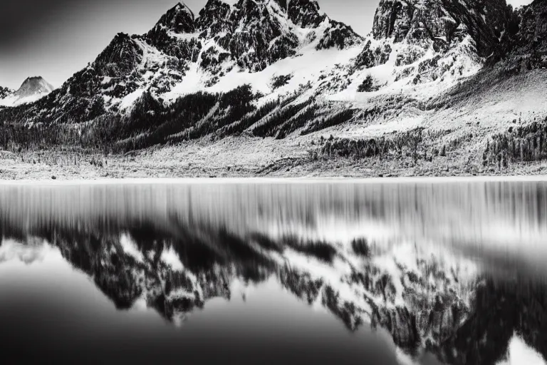 Prompt: a beautiful landscape photography of Mountains with a lake by Ansel Adams, black and white, dramatic