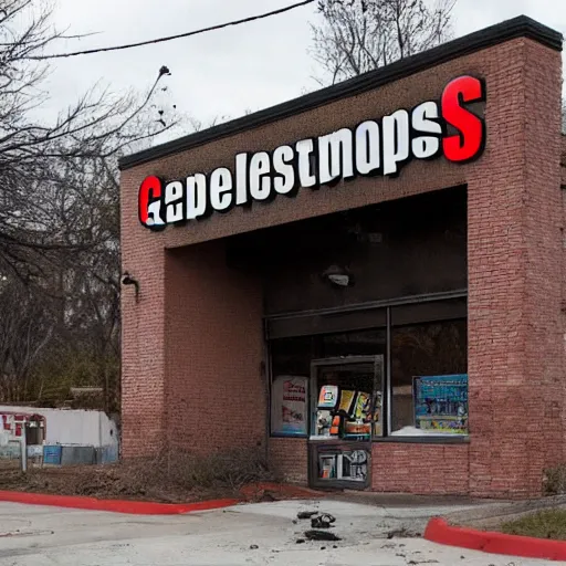 Image similar to gamestop in the year 3 0 2 2, found footage, ruins, creepy, destroyed, vines, hole in roof