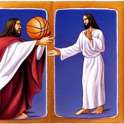 Prompt: Jesus wearing robes dunks a basketball