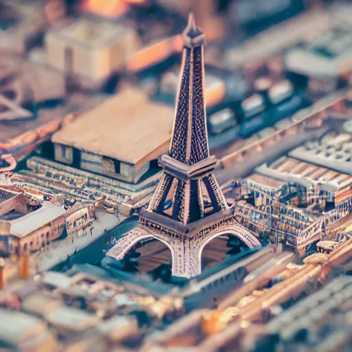 Prompt: a macro photo of a very detailed miniature model of the eiffel tower, close - up, intricately detailed buildings, cars and people, intricately detailed markings, intricate textures, warm lighting, vivid colors, realistic octane render, hyper realistic render, volumetric shading, depth of field, raytracing, 8 k,