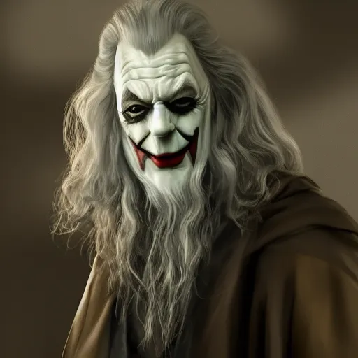 Image similar to Gandalf is the Joker, hyperdetailed, artstation, cgsociety, 8k