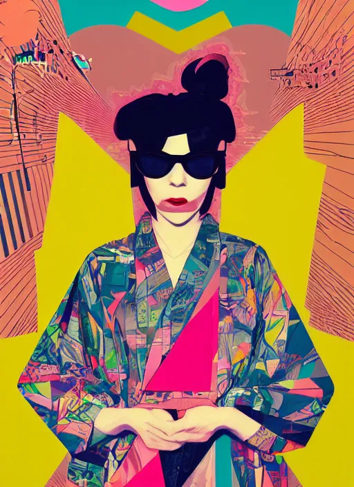 Prompt: portrait of a lowpoly punk girl with a musicassette sunglasses wearing kimono made of synthesizer, surreal dada collage poster art by kurt schwitters james jean liam brazier victo ngai tristan eaton