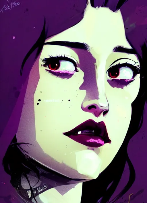 Image similar to highly detailed closeup portrait of beautiful carly chaikin as darlene alderson, wavy black hair, by atey ghailan, by greg rutkowski, by greg tocchini, by james gilleard, by joe fenton, by kaethe butcher, gradient purple, black and white color scheme, grunge aesthetic!!! ( ( graffiti tag wall background ) )