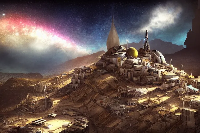 Image similar to favela spaceship cathedral bunker, desert environment, industrial factory, cliffs, peaks, bright, milky way, award winning art, epic dreamlike fantasy landscape, ultra realistic,