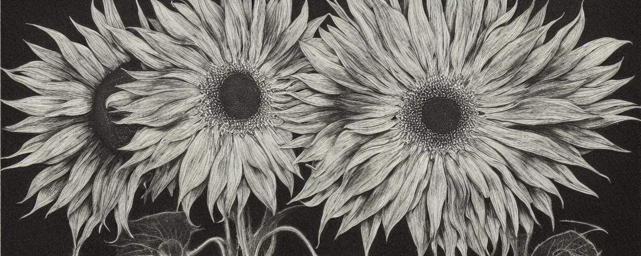 Prompt: a black and white sunflower, black minimalistic background, by Beksinski