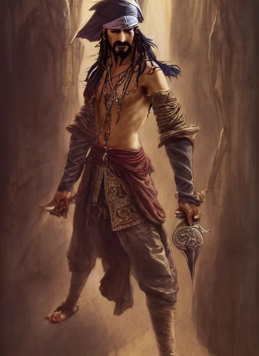 Prompt: detailed pencil spot illustrations of various character concepts from the prince of persia game and pirates of the caribbean movie, various poses, by burne hogarth, by bridgeman, by anthony ryder, by yoshitaka amano, by ruan jia, by conrad roset, by mucha, artstation, artstation.