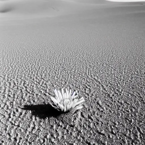 Prompt: a single small pretty desert flower blooms in the middle of a bleak arid empty desert, sand dunes, clear sky, low angle.