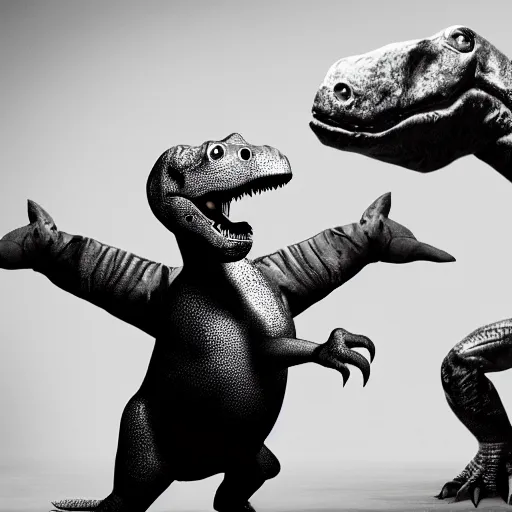 Image similar to a black and white photo of a dinosaur dancing to rap