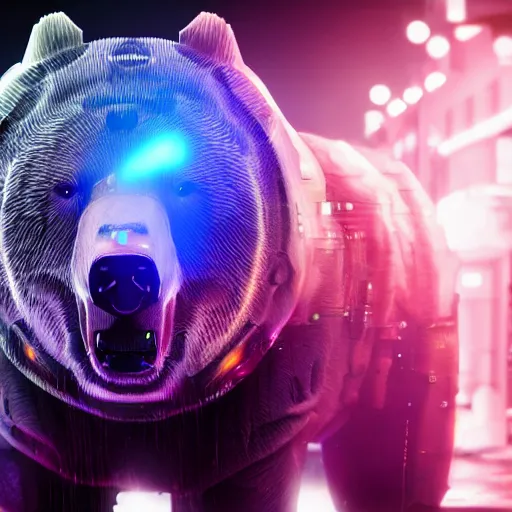 Prompt: cyborg grizzly bear with part of head replaced with metal and eye replaced with bright purple light on the streets of neo tokyo, 4k award winning render, realistic, neon, dark, gritty