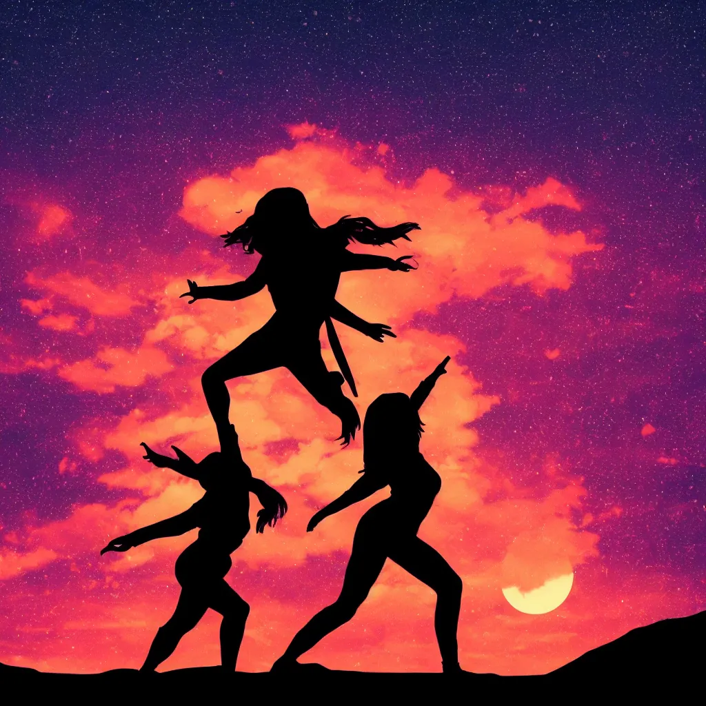 Prompt: woman ninja silhouette, neon road, stary sky, retrowave sunset, movie poster