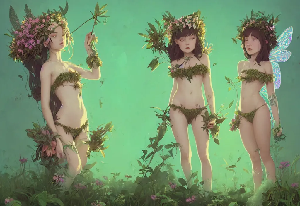 Prompt: two cute fairy girls with crown of flowers in plants bikini covered with celtic rune tattoos, fantasy, by atey ghailan, by greg rutkowski, by greg tocchini, by james gilleard, by joe gb fenton, by in kaethe butcher, dynamic lighting, gradient light green, brown, blonde cream and white color in scheme, grunge aesthetic
