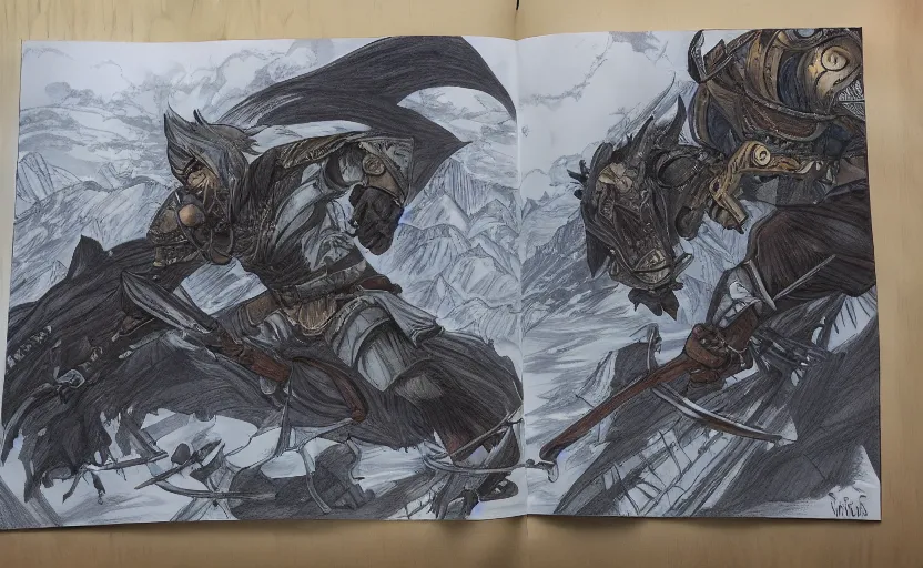 Prompt: the most beautiful and epic scene in Skyrim, drawn in an anime style, Prismacolor, copic marker style
