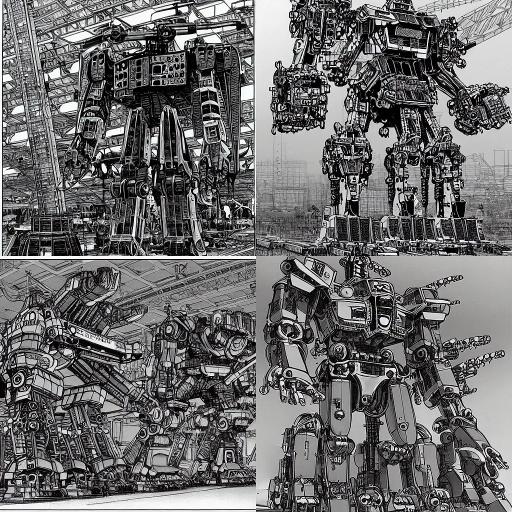 Prompt: engineers building a giant mecha art by Moebius