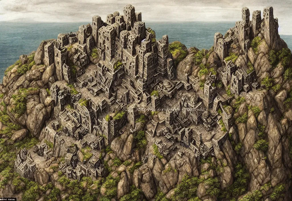 Prompt: aerial view of a dwarven fortress chiseled into the side of a rocky cliff, a matte oil painting, by tolkien, epic, medieval fantasy, mountain halls, high winds, torches, waterwheels, windmills, runes, ornate jewels, trading depots, extremely detailed, sharp focus