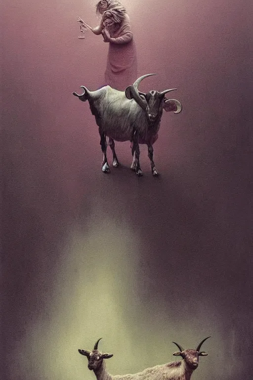 Image similar to painting of hybrid between human andy milonakis and a goat, by zdzislaw beksinski, by tiffany bozic, cold hue's, warm tone gradient background, concept art, beautiful composition, digital painting