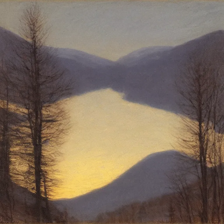 Image similar to new hampshire, mountains, winter, twilight, luminous, abbott handerson thayer, glaze oil painting