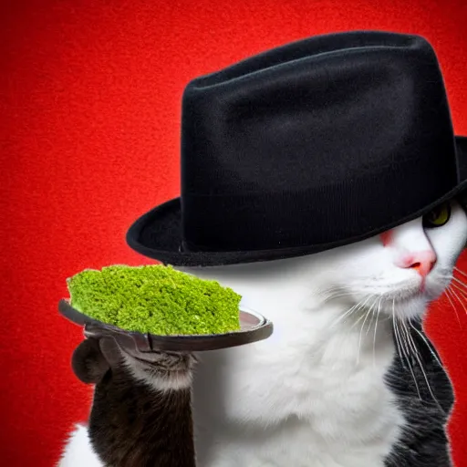 Image similar to A Cat with Red eyes and fedora hat while holding a Glock and smoking weed