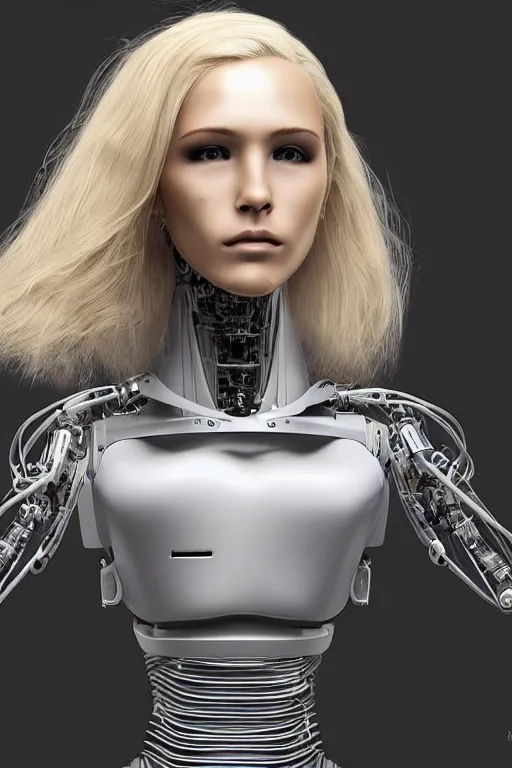 Image similar to robot with human face, female head, full body angle, woman human face, human face realistic, beautiful blonde hair, human head, human head with blonde hair, blonde hair human head, blonde hair, human realistic face, human head skin, cyborg frame concept, cyborg by ales-kotnik, sci-fi android female, the body is made of wires, robotic body, cyborg body, cyborg bust body, robot body cyborg, full body