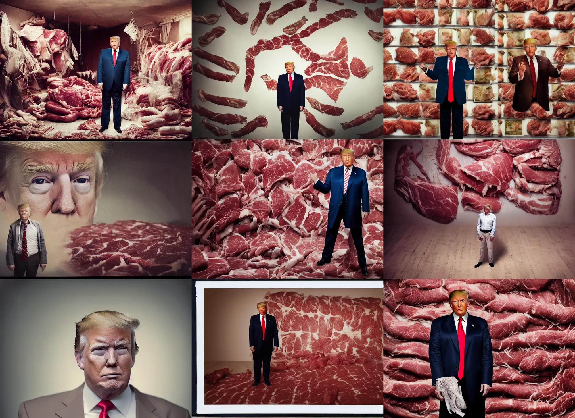 Prompt: close up portrait of donald trump standing close to camera, room made of full of raw meat, butchery behind him, cinematic focus, polaroid photo, vintage, neutral dull colors, soft lights, dramatic, by oleg oprisco, by thomas peschak, by discovery channel, by victor enrich, by gregory crewdson