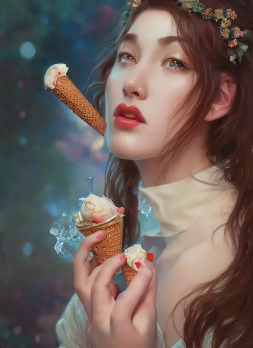 Prompt: a photorealistic detailed portrait of a beautiful girl eating ice cream, detailed, intricate, elegant, highly detailed, digital painting, artstation, concept art, smooth, sharp focus, illustration, art by hana yata, artem demura, alphonse mucha, octane render, unreal engine, 8 k