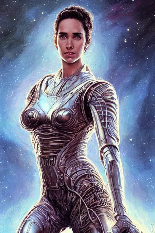 Prompt: young Jennifer Connelly as a ruggedly beautiful retro SCI-FI space heroine 1985 , movie poster, intricate, elegant, highly detailed, centered, digital painting, artstation, concept art, smooth, sharp focus, illustration, art by artgerm and donato giancola and Joseph Christian Leyendecker, Ross Tran, WLOP