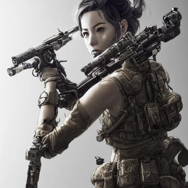 Image similar to the portrait of lawful neutral female futuristic marine sniper as absurdly beautiful, gorgeous, elegant, young gravure idol, an ultrafine hyperdetailed illustration by kim jung gi, irakli nadar, intricate linework, bright colors, octopath traveler, final fantasy, unreal engine 5 highly rendered, global illumination, radiant light, detailed and intricate environment