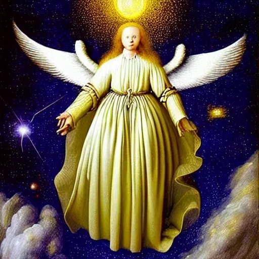 Image similar to highdetailed hyperrealistic painting of white angel!!! no gender!!!, giant ball of miracle light from the chest!!!!!, white sparkles everywhere, lot of fire and stars overhead!!!, by jan van eyck, holography space, glow effect, large strokes, soft and clean, white monochrome color