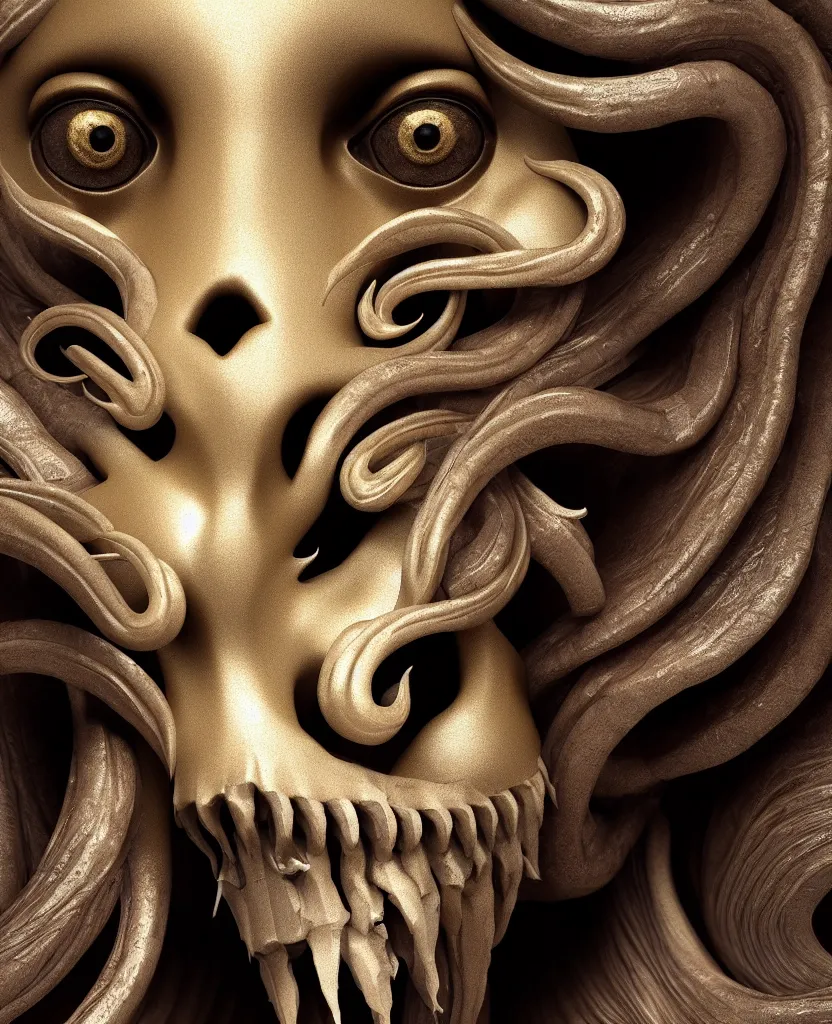 Image similar to goddess princess face close-up portrait ram skull. sculpture made of black clay and gold. jellyfish phoenix head, nautilus, orchid, skull, betta fish, bioluminiscent creatures, intricate artwork by Tooth Wu and wlop and beeple. octane render, trending on artstation, greg rutkowski very coherent symmetrical artwork. cinematic, hyper realism, high detail, octane render, 8k