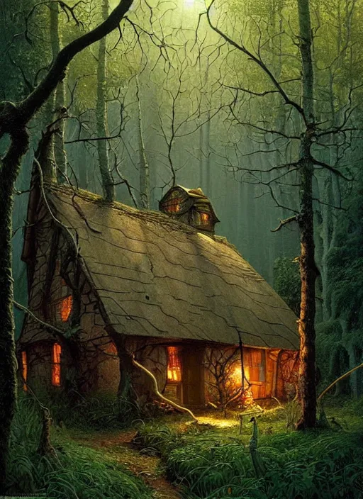 Image similar to hyper realistic witch cottage with mood lighting and technology in the woods gorgeous lighting, sunbeams blue sky, highly detailed, lush forest foliage painting by zdzisław beksinski and norman rockwell and greg rutkowski weta studio, and lucasfilm